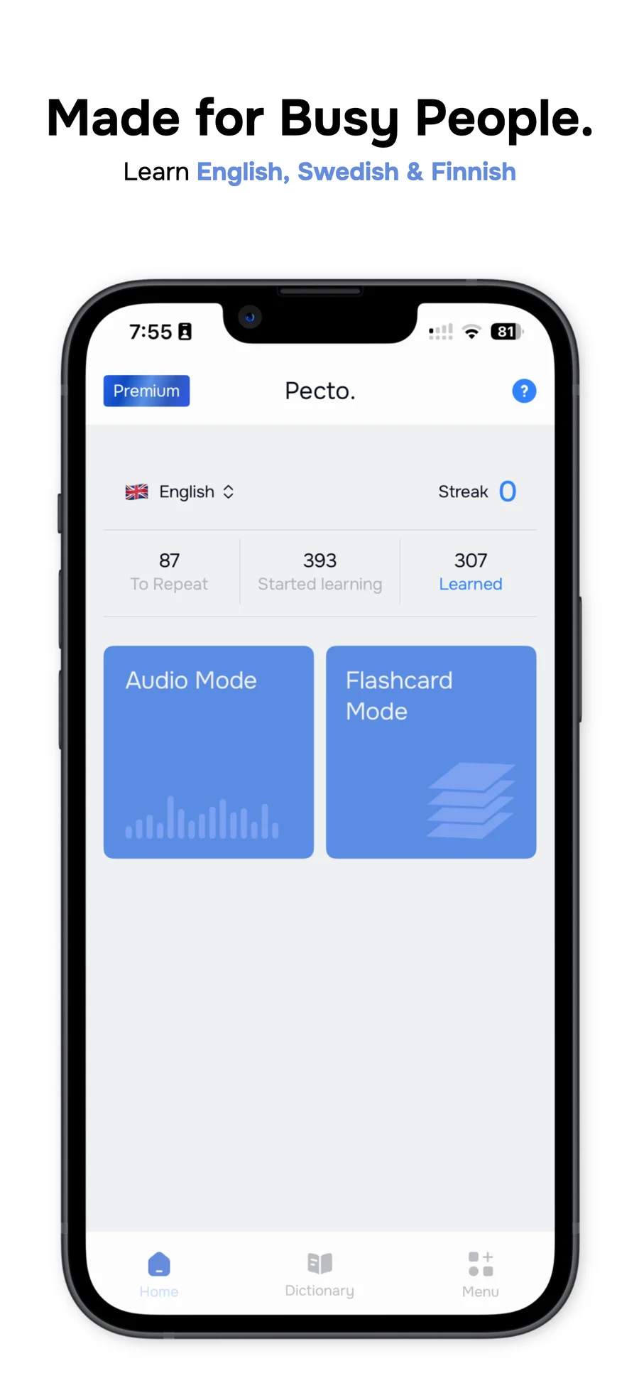 Pecto home screen showing the Finnish, Swedish and English course picker