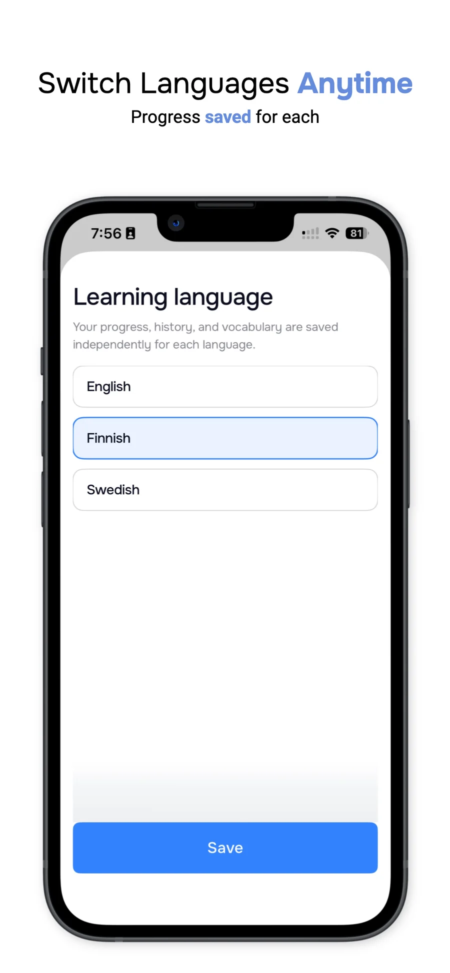 Switching the learning language between Finnish, Swedish and English
